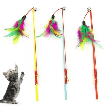 Игрушки для кошек, Интерактивные забавные разноцветные колокольчики из перьев, Кошачья палочка-дразнилка, Выдвижная Сменная ловушка для домашних животных