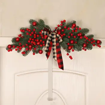 Искусственная дверная перемычка С зеленым ягодным бантом в клетку, Подвесные декоративные элементы для Рождественских украшений