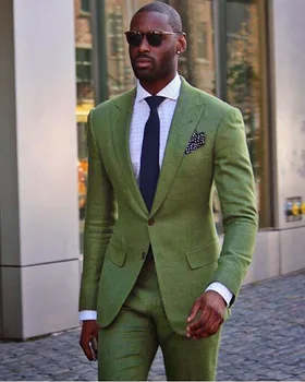 Козырек с лацканами, сшитый на заказ из 2 предметов, куртка + брюки, Повседневные мужские костюмы, формальный светло-зеленый блейзер, брюки, деловые костюмы для свадебной вечеринки