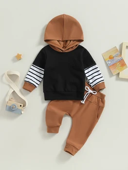 Комплект зимней одежды для мальчика, толстовка с капюшоном в цветную полоску, топ и повседневные брюки на осень