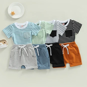Комплект летней одежды для маленьких мальчиков, футболка в полоску с коротким рукавом, топы, Шорты с эластичной резинкой на талии, повседневная одежда