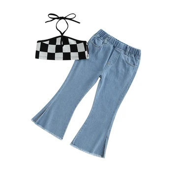 Комплект модной одежды для девочек из 2 предметов, клетчатый жилет с завязками на шее и джинсы-клеш с разрезом, летний наряд