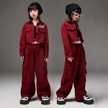 Красные рубашки, брюки-карго, одежда в стиле хип-хоп для девочек, весенне-осенние модные уличные костюмы, спортивный костюм для школьников 10 12 14 лет