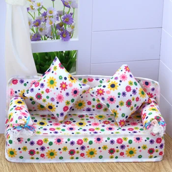 Кукольный Домашний диван, мебель для кукольного дома с цветочным принтом, Модный милый стул с орнаментом на подушке, декор для игрушечной комнаты, реквизит