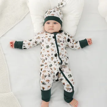 Материал из бамбукового волокна, детский комбинезон с длинными рукавами, весенне-осенняя одежда для новорожденных, комбинезон на диагональной молнии для маленького ребенка без шляпы