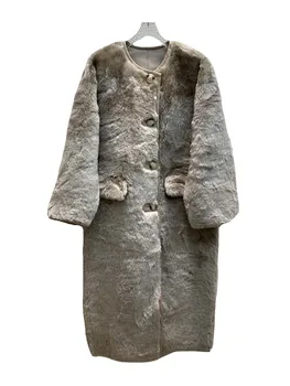 Меховое пальто с круглым вырезом, длинная свободная версия однобортного дизайна чистого цвета, теплая и удобная новинка зимы 2023 года 1201