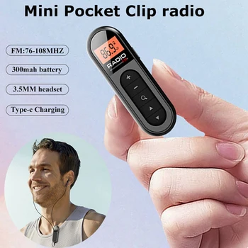 Мини-карманное FM-радио, перезаряжаемый портативный радиоприемник 76-108 МГц с подсветкой, ЖК-дисплей, Проводные наушники 3,5 мм, прочный