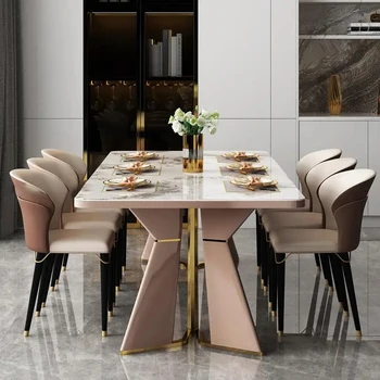Минималистичные наборы обеденных столов в столовой Для маленькой Большой квартиры Прямоугольный стол с основанием из нержавеющей стали, Каменная доска, Кухонная мебель