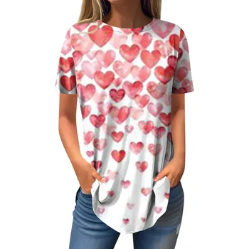 Модная футболка с принтом в виде сердца, женская летняя повседневная футболка с круглым вырезом, футболка с коротким рукавом, женские топы с круглым вырезом, женские футболки
