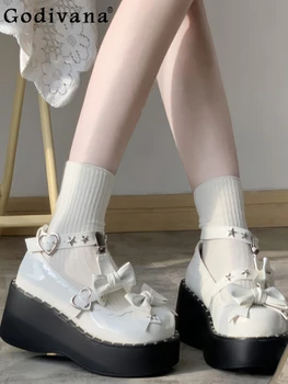 Модные Универсальные Однотонные Женские туфли на платформе и высоком каблуке с круглым носком в стиле Панк Y2K/Hot Girl; Заклепки с бантом и круглым носком в стиле 