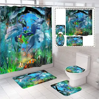 Модный комплект штор для душа Sea World Dolphin, Нескользящий коврик для ванной, крышка унитаза, полиэстер, водонепроницаемый