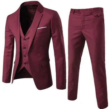 Мужские брендовые костюмы, блейзер, 3 предмета, винно-красное Элегантное приталенное платье на пуговицах, костюм, жилет, вечеринка, свадьба, официальное Деловое Повседневное, Terno