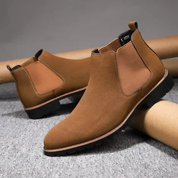 Мужские зимние ботильоны, классические замшевые ботинки в британском стиле, повседневная обувь, нескользящие деловые ботинки ручной работы высокого качества