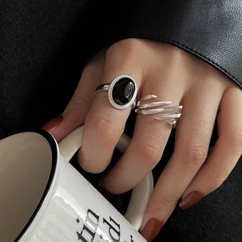 Мужские и женские кольца в винтажном стиле с резьбовыми кольцами, ювелирные изделия из черного агата, регулируемые украшения для вечеринок, персонализированное кольцо