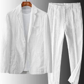 Мужские льняные хлопчатобумажные костюмы из 2 предметов, карманный Белый Черный Для повседневных формальных мужских костюмов, куртка тонкого фасона Весной и летом