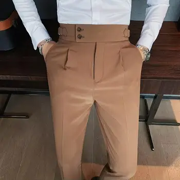 Мужские официальные брюки, классические мужские офисные брюки, приталенный крой, высокая талия, Винтажные карманы для официального делового стиля, прямые брюки