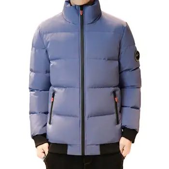 Мужское пуховое пальто Зимнее мужское хлопчатобумажное пальто с толстой подкладкой, ветрозащитное, теплое, со стоячим воротником, защищающим шею, на молнии, однотонное, Цвет: черный