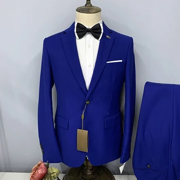 Мужской костюм Королевский синий, черный, однобортный пиджак с зубчатыми лацканами, Брюки из двух частей, приталенный повседневный свадебный блейзер обычной посадки на заказ