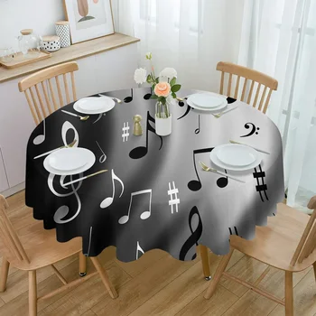 Музыка водной волны, черно-белые музыкальные ноты, круглые скатерти для обеденного стола, водонепроницаемое покрытие для кухни, гостиной