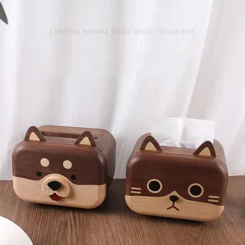 Настольная деревянная коробка для салфеток в форме милой собаки и кошки, забавное украшение для дома, креативный подарок