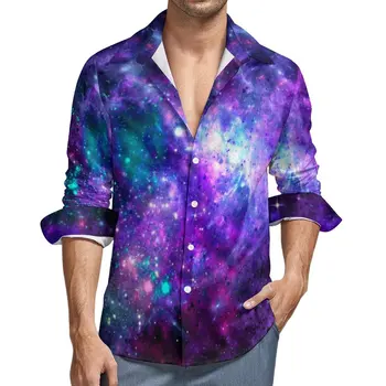 Небесно-фиолетово-бирюзовая Эстетическая повседневная рубашка Мужская Фэнтезийная Галактика Космическая рубашка Осенние Трендовые блузки с длинным рукавом и принтом, Топы Оверсайз