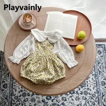 Новая весенне-осенняя одежда для маленьких девочек, комплекты, кукольная рубашка с длинными рукавами и цветочным ремешком, треугольные шорты, Одежда для малышей E32778
