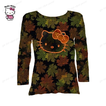 Новая весенняя женская повседневная осенняя футболка для взрослых с мультяшным принтом, пуловер с рисунком Hello Kitty, модная женская футболка Y2K