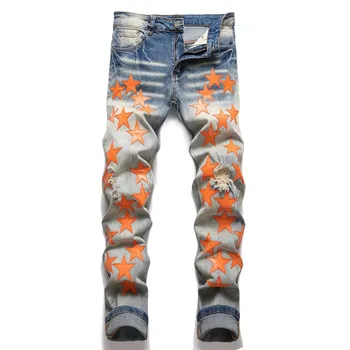 Новая оранжевая кожаная нашивка с вышивкой в виде звезды, стрейчевые рваные джинсы, мужская мода, приталенные джинсовые брюки Babysbreath, тренд