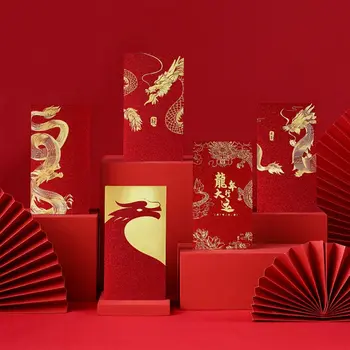 Новогодний Пакет Красный Конверт Новогоднее Благословение Сумка Удача Денежный Мешок Хунбао Дракон Узоры DIY Упаковка Красный Карман