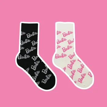 Новые носки с принтом Барби, новинка, Funny Crew, черно-белые носки с розовыми буквами с полным принтом, средний носок в виде трубки, хлопок