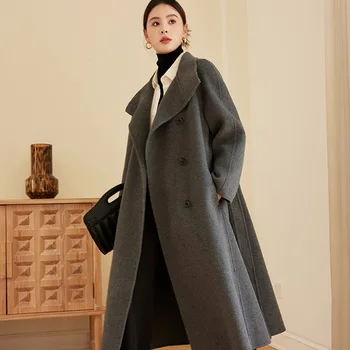 [Оригинал] Двустороннее шерстяное пальто корейского силуэта для женщин на осень и зиму, новый темпераментный костюм с воротником-стойкой и завязками на шее