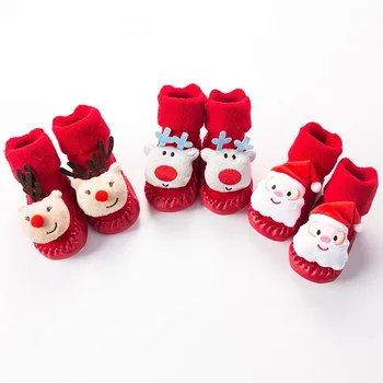 Осенне-зимние Новые Рождественские детские шерстяные носки с круглым утолщением для пола, нескользящие хлопчатобумажные носки из флиса с половинной стороной для малышей