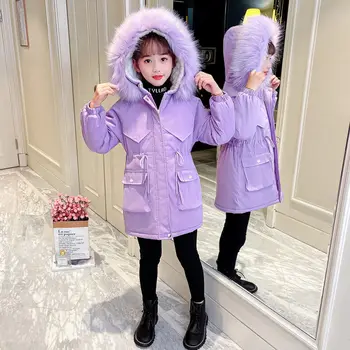 Пальто для девочек, куртка, хлопковая ветрозащитная верхняя одежда 2023, красивая теплая зимняя лыжная одежда из плотного бархата, детская одежда больших размеров