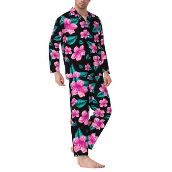 Пижамный Комплект С Тропическим Цветком, Гавайский Цветок, Удобная Пижама Для Мужчин С Длинным Рукавом, Повседневный Свободный Ночной Домашний Костюм Из Двух Частей, Большой Размер
