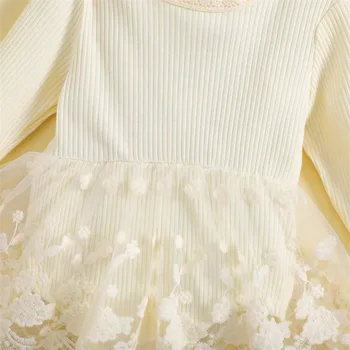Платье-комбинезон с кружевной отделкой в рубчик для маленьких девочек, милый осенний наряд из сетки с круглым вырезом и длинными рукавами Herm