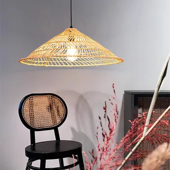 Плетеный треугольный подвесной светильник в китайском стиле, деревенская лампа из ротанга ручной работы для гостиной, обеденного стола, кухонного островного освещения
