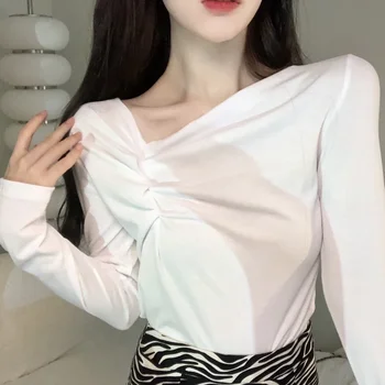 Плиссированный сексуальный укороченный топ, женская зимняя футболка с длинным рукавом, женская корейская мода, винтажная модная футболка Y2K, Женская однотонная одежда