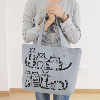 Пляжная сумка на молнии с принтом мультяшных кошек, женская модная холщовая сумка-тоут, сумки для покупок