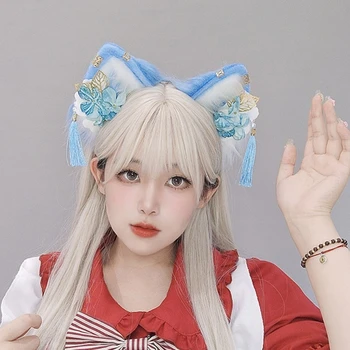 Повязка на голову с кошачьими ушками для подростков со стереофоническим цветочным декором, лента для волос для фотосъемки Карнавалов