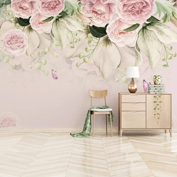 Пользовательские 3D Фрески В Европейском стиле, Пасторальные Розовые Цветы, Обои с бабочками, Диван для гостиной, Фрески для спальни, обои для домашнего декора