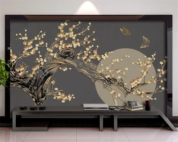 Пользовательские обои фрески в китайском стиле цветок сливы яркая луна золотая линия фон настенная живопись украшение дома 3d обои