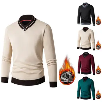 Приталенный свитер, мужской вязаный свитер с V-образным вырезом, плотный и теплый, приталенный, контрастного цвета, термобелье средней длины на осень