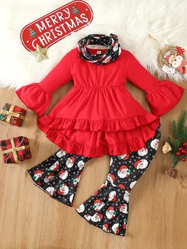 Рождественские наряды Толстовка с рюшами для маленьких девочек, детские Расклешенные Леггинсы, Детская рубашка с длинным рукавом, Расклешенные штаны, Комплект шарфов