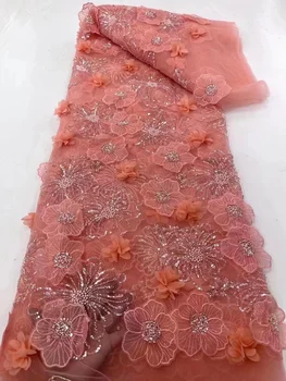 Розовая Кружевная ткань с 3D блестками 2023, Высококачественная Сетчатая вышивка, Аппликация, 3D Цветочный Тюль, Нигерийские кружевные ткани для свадебного кружева