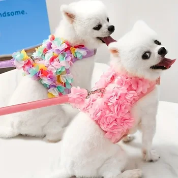 Розовая Цветочная Кружевная Шлейка Для Собак с Подходящим Поводком Удобный и Стильный Жилет для Домашних Животных для Прогулок и Дрессировки Собак и Кошек