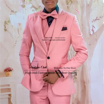 Розовые мужские костюмы С лацканами на одной пуговице, Свадебные смокинги для жениха, Комплекты из 3 предметов, Деловые Мужские блейзеры для выпускного вечера, Приталенный костюм Homme