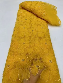 Роскошная Нигерийская Кружевная Ткань Ручной Работы Из Бисера 2023 Высокое Качество 3D Цветок Бисер Вышивка Африканская Французская Кружевная Ткань Для Платья