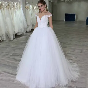 Свадебное платье из тюля с коротким рукавом, свадебные платья с круглым вырезом, кружевные аппликации, свадебное платье Vestido De Noiva 2020, длина до пола