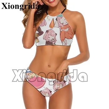 Сексуальный женский купальник с аниме-принтом, 2 предмета, бикини, тонкие купальники на бретелях, пляжная одежда с открытой спиной с семейным принтом SPX для отдыха