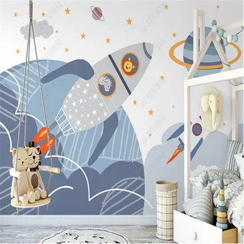 Скандинавские рисованные обои с космической ракетой для детской комнаты, мультяшный фон интерьера детской комнаты, настенная роспись, обои для домашнего декора